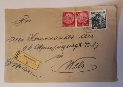   Briefstck an das Kommando des Alpenjgerregiments Nr. 8 in Wels (mit 2 Marken 40 Groschen Tirol und 2x12 Rpf rot Hindenburg, mit R-Zettel Scharnstein 6) 