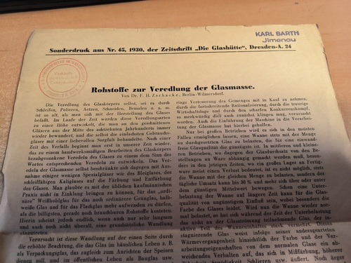 Dr. F.H. Zschacke  Rohstoffe zur Veredlung der Glasmasse (Sonderabdruck aus Nr.45, 1930, der Zeitschrift "Die Glashütte", Dresden-A.24) 