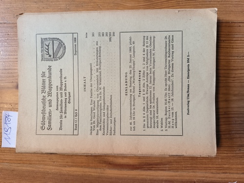 Verein für Familien- Und Wappenkunde in Württemberg und Baden e.V. (Hrsg.9  Südwestdeutsche Blätter für Familien- und Wappenkunde. Konvolut. 1968 bis 1972 (12 HEFTE) 