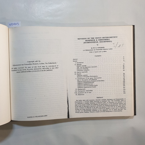 Couzijn, H.W.C.  Revision of the genus Heterometrus Hemprich & Ehrenberg (Scorpionidae, Arachnidea). Das ist nur eine Kopie des Buches 