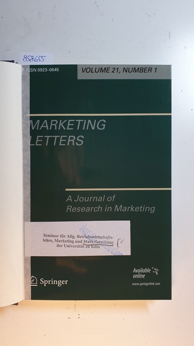 Frank Kardes ; joel Steckel [Hrsg.]  Marketing Letters. A journal of Research in Marketing Vol. 21, 2010 Komplett. 