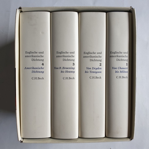 Kemp, Friedhelm [Hrsg.]  Englische und amerikanische Dichtung [in 4 Bänden ; zweisprachig];   Bd. 1. Englische Dichtung. - Von Chaucer bis Milton ; Bd. 2. Englische Dichtung. - Von Dryden bis Tennyson ; Bd. 3. Englische Dichtung. - Von R. Browning bis Heaney ; Bd. 4. Amerikanische Dichtung 