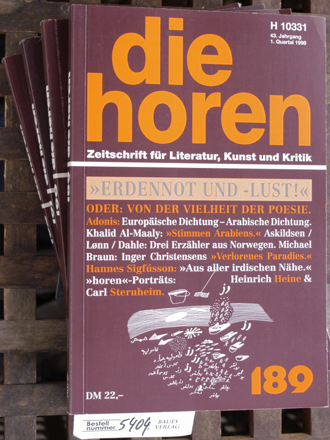 Tammen, Johann P. [Hrsg./Red.].  Die Horen. Zeitschrift für Literatur, Kunst und Kritik. 4 Hefte. #189 / 43.Jg.1.Q.1998;  #190 / 43.Jg.2.Q.1998;  #191 / 43.Jg.3.Q.1998;  #192 / 43.Jg.4.Q.1998; 