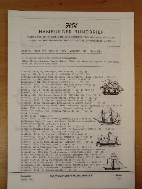 Lochner, R. K. (Hrsg.)  Hamburger Rundbrief. Blätter für Schiffsliebhaber und Sammler von Miniatur-Modellen. Jahres-Index 1981 des HR (12. Jahrgang: Nr. 64 - 69) 