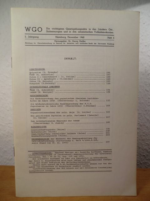 Geilke, Dr. Georg (Hrsg.)  WGO - Die wichtigsten Gesetzgebungsakte in den Ländern Ost-, Südosteuropas und in den ostasiatischen Volksdemokratien. 2. Jahrgang, Heft 5, Dezember 1960 