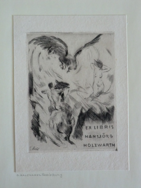 Habl, Willi:  Exlibris für Hansjörg Holzwarth. Motiv: Männlicher Akt auf Pferd, im Hintergund weiblicher Akt, darüber ein großer Greifvogel 