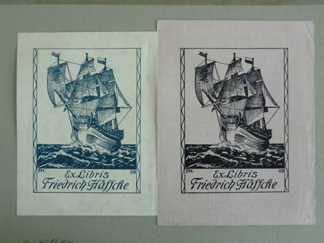 Häffcke, Friedrich:  Exlibris Friedrich Häffcke. Zwei Blattvarianten. Motiv: Segelschiff 