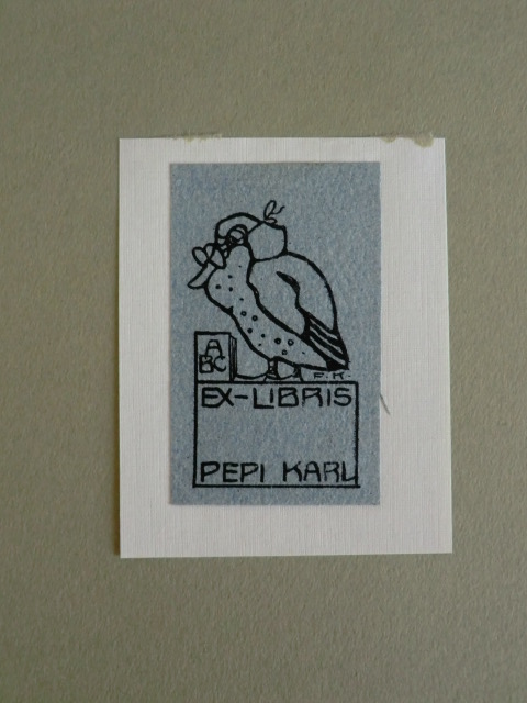 Klee, Fritz:  Exlibris für Pepi Karl. Motiv: Bebrillte Ente mit Buch 