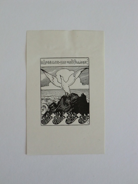 Offel, Edmond van:  Exlibris für D. Logeman-van der Willigen. Motiv: Möwe auf Felsen vor Meer 