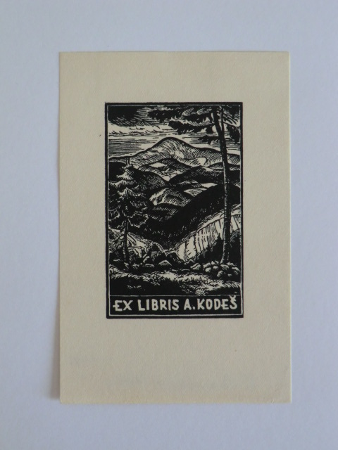 Parma, Leopold:  Exlibris für A. Kodes. Motiv: Landschaft mit Bergen und Bäumen 
