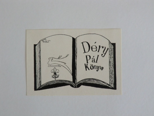 Pál, Déry:  Exlibris Déry Pál Könyve. Motiv: Aufgeschlagenes Buch mit Hirsch und stilisierter Lilie 