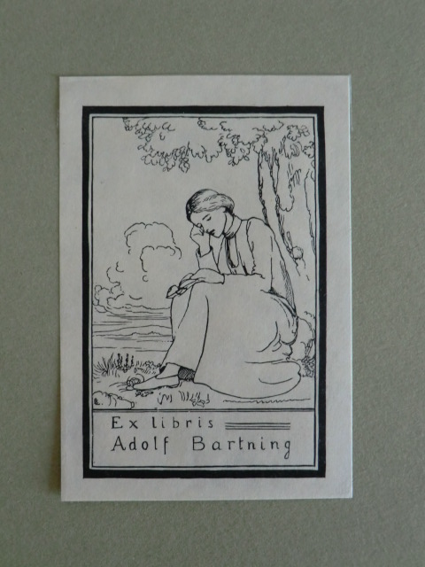 Unbekannter Künstler, monogrammiert mit BL bzw. LB:  Exlibris für Adolf Bartning. Motiv: Junge Frau, lesend 