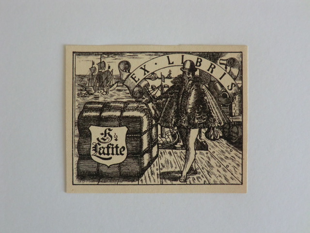 Unbekannter Künstler:  Exlibris für H. Lafite. Motiv: Kaufmann neben Ladung, im Hintergrund Segelschiff 
