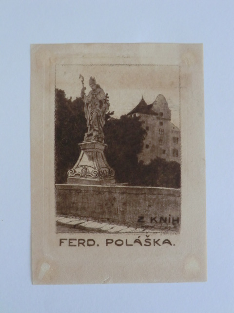 Unbekannter Künstler:  Exlibris für Ferd. Polaska. Motiv: Heiligenstaute vor Haus 