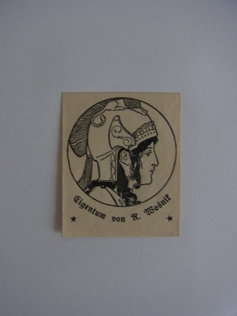 Unbekannter Künstler:  Exlibris für R. Wosnik. Motiv: Antike weibliche Gestalt mit Helm im Seitenporträt 