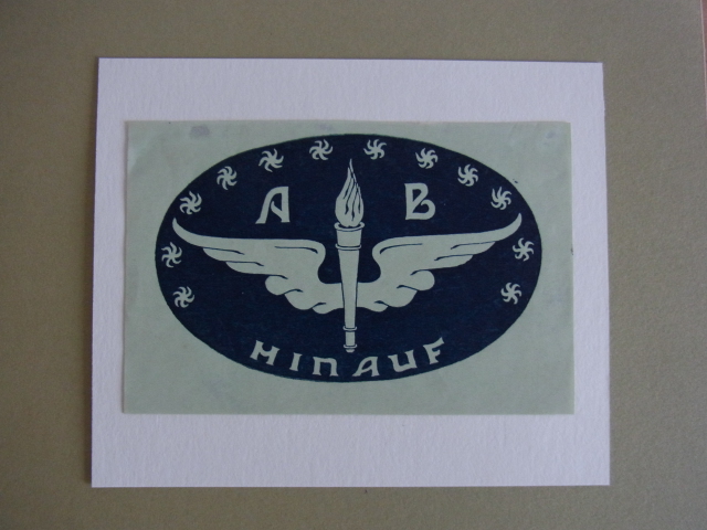 Unbekannter Künstler:  Exlibris A B. Motiv: Flügel, Fackel und Sonnenräder. Text: Hinauf 