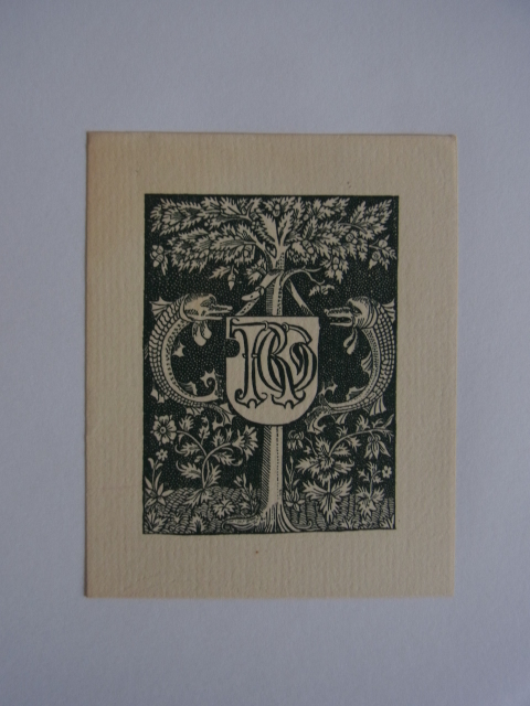 Unbekannter Künstler:  Exlibris RG. Motiv: Baum mit Eigner-Monogramm, zwei Fische und Blumen 