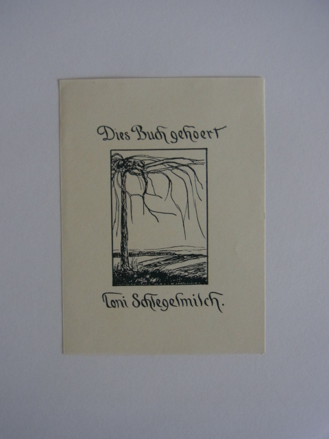 Schlegelmilch, Toni:  Exlibris. Dies Buch gehoert Toni Schlegelmilch. Motiv: Baum vor Landschaft 