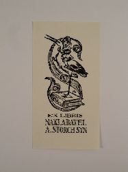 Bucherer, Max:  Exlibris Nakladatel A. Storch Syn. Motiv: Kind auf Storch reitend, dieser auf einem Buch stehend 