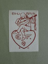 Klee, Fritz:  Exlibris EF. Motiv: Mnnliche Gestalt mit Halskrause spielt auf einem Herz sitzend die Laute 