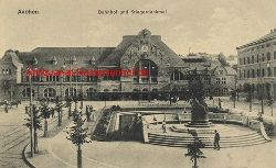 Historische Ansicht aus Deutschland um 1900,  Aachen/Bahnhof und Kriegerdenkmal, 19x13cm 