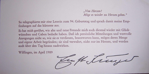 jünger, ernst  danksagungskarte zum 94. geburtstag. signiert. 