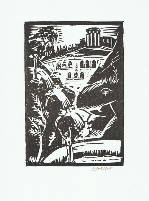 Forster, Hanna  Der Garten der Villa Gregoriana und der Vesta-Tempel bei Tivoli. Original-Graphik signiert 