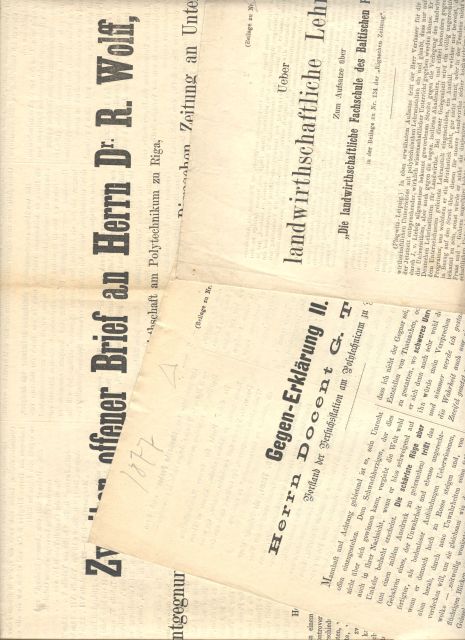 Zwei Dokumente zum Polytechnikum Riga  Zwei Schreiben als Beilage der RigaschenZeitung gegen Prof. Dr. R. Wolff und gegen Docent G. Thoms  von P. van Dyk 