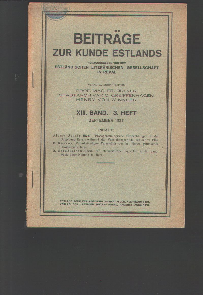 Dreyer Greiffenhagen Winkler  Beiträge zur Kunde Estlands 3. Heft 1927 