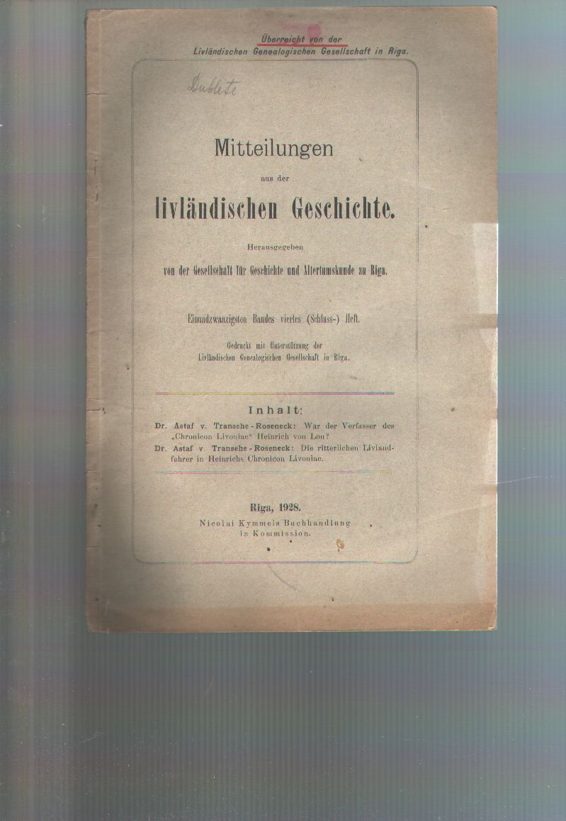 Transehe Roseneck  Mitteilungen aus der livländischen Geschichte  Einundzwanzigsten Bandes viertes Heft  