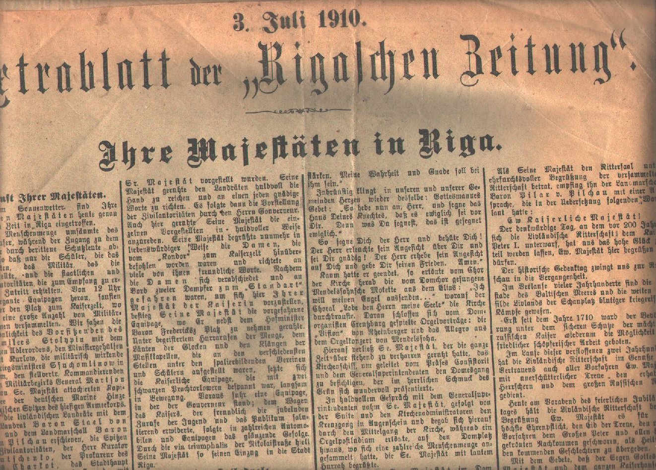 "."  3. Juli 1910. Extrablatt der "Rigaschen Zeitung"  Ihre Majestäten in Riga 