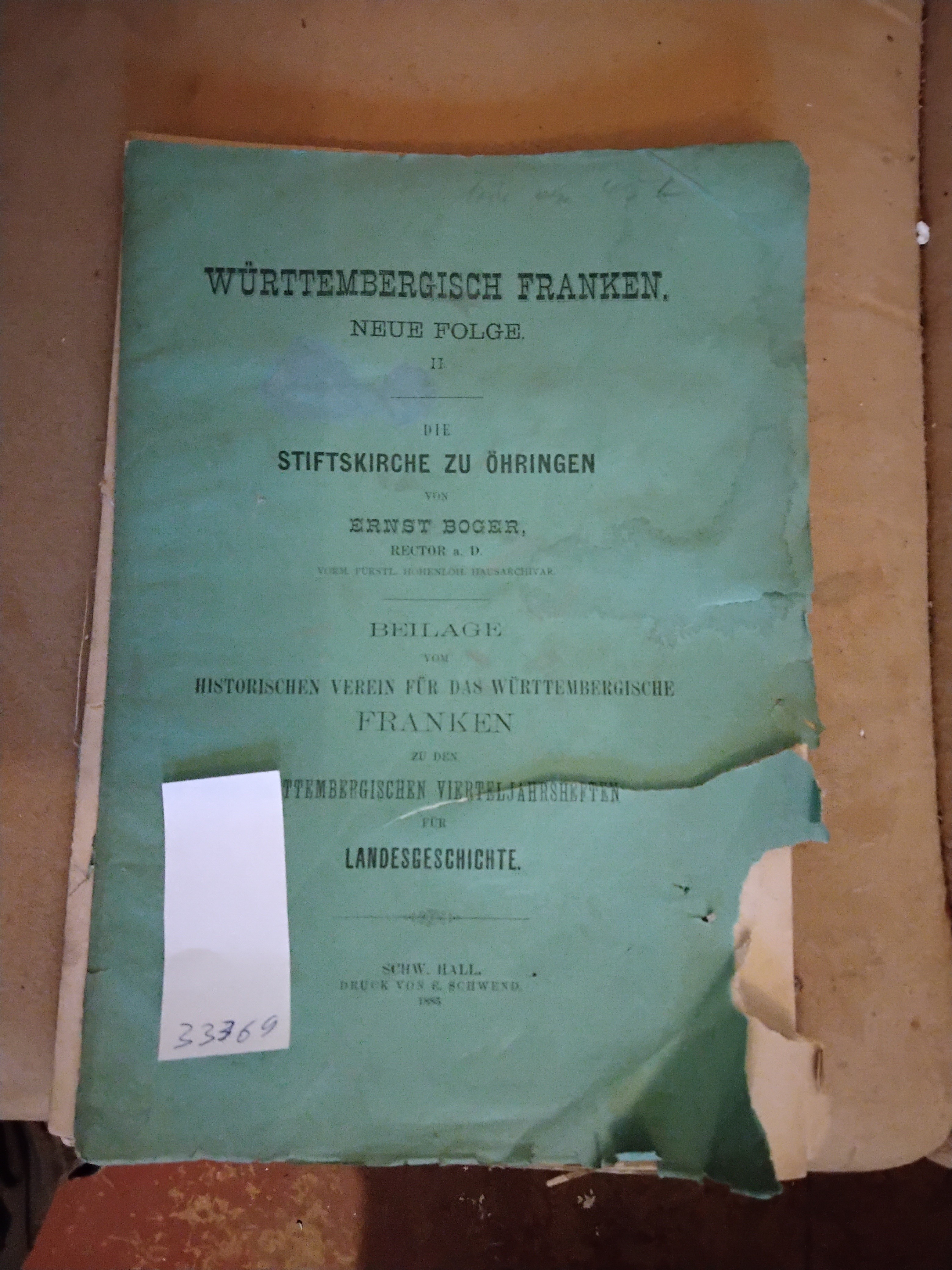 Ernst Boger  Die Stiftskirche zu Öhringen  (Reihe Württembergisch Franken  Neue Folge II.) 