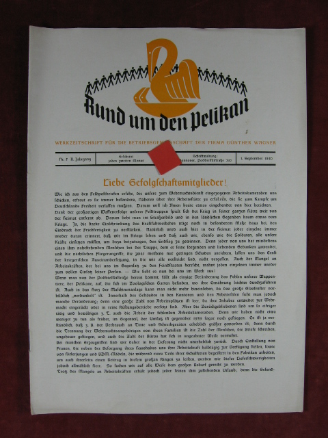   Rund um den Pelikan. Werkzeitschrift für die Betriebsgemeinschaft der Firma Günther Wagner. 2. Jahrgang, Nr. 5. 