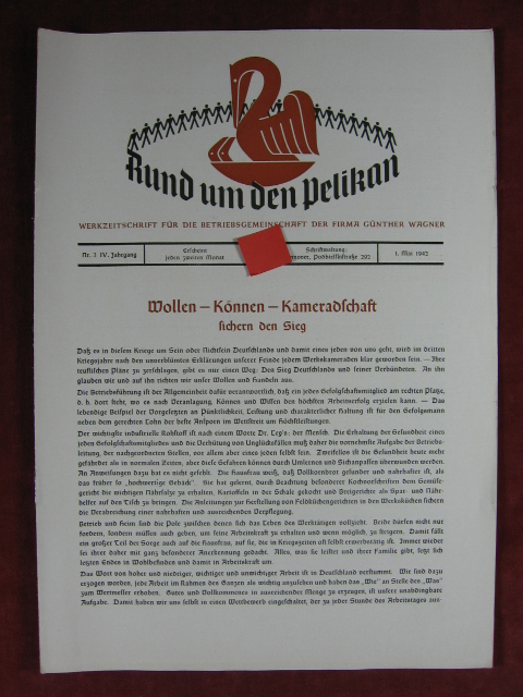   Rund um den Pelikan. Werkzeitschrift für die Betriebsgemeinschaft der Firma Günther Wagner. 4. Jahrgang, Nr. 3. 