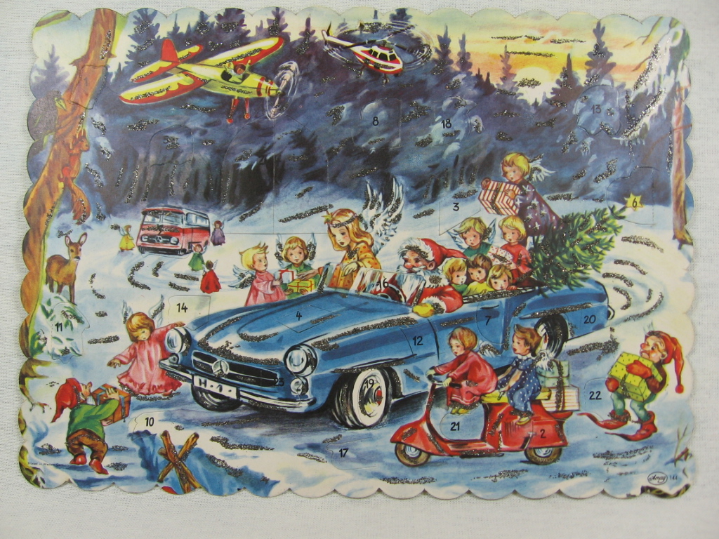   Adventskalender Weihnachtsmann im Auto. 
