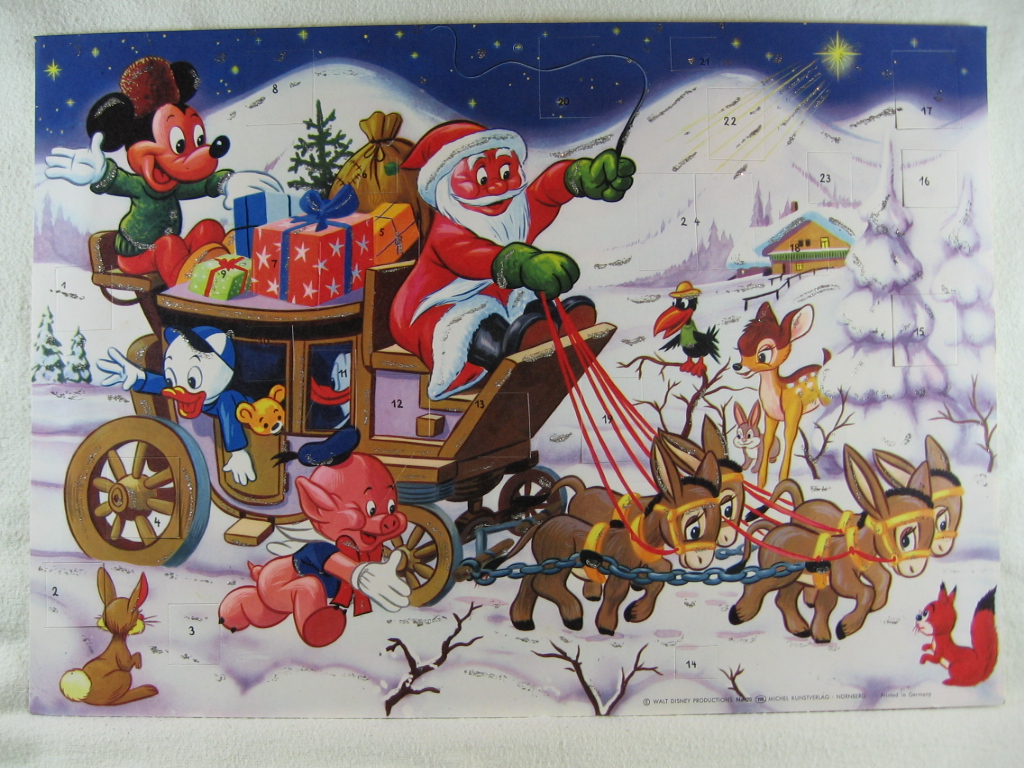 Disney, Walt:  Adventskalender: Micky und Weihnachtsmann in der Eselskutsche. 