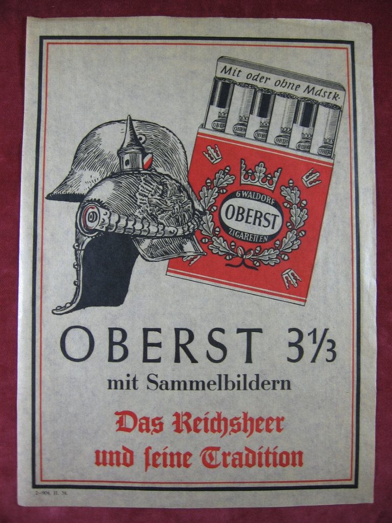   Das Reichsheer und seine Tradition. Werbeblatt für Oberst-Zigaretten der Marke Waldorf mit Sammelbildern. 
