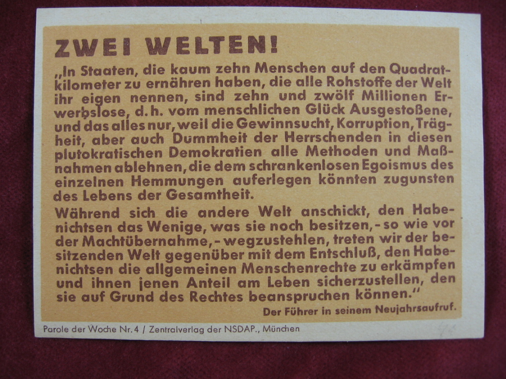   NS-Propagandazettel: Parole der Woche Nr. 4, 1941: Zwei Welten. Der Führer in seinem Neujahrsaufruf. 