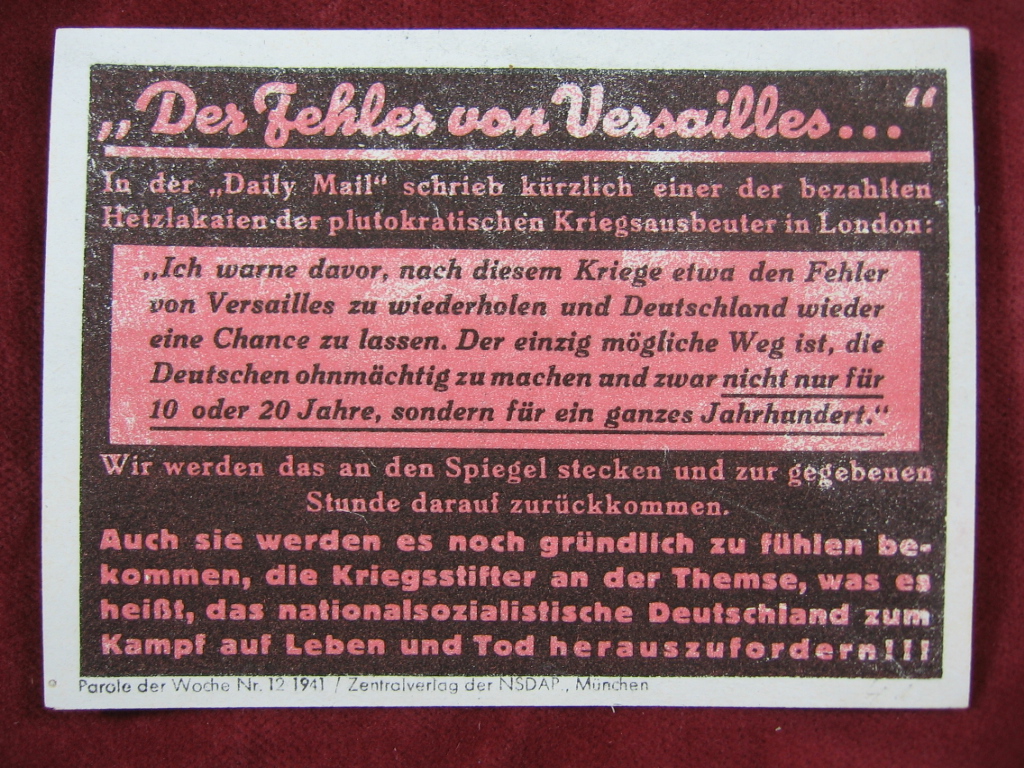   NS-Propagandazettel: Parole der Woche Nr. 12, 1941: Der Fehler von Versailles. 