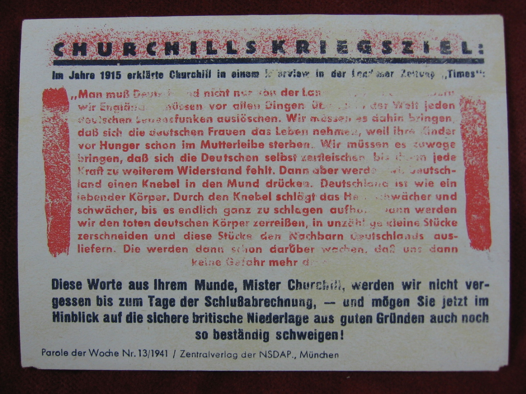   NS-Propagandazettel: Parole der Woche Nr. 13, 1941: Churchills Kriegsziel. 