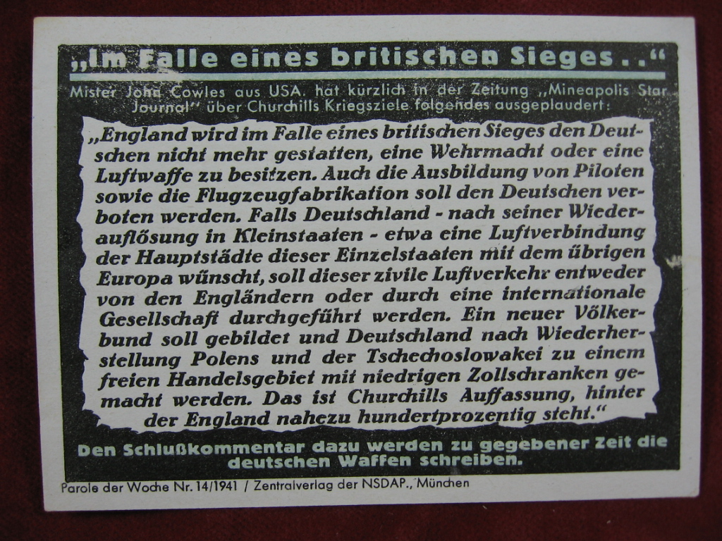   NS-Propagandazettel: Parole der Woche Nr. 14, 1941: Im Falle eines britischen Sieges. 