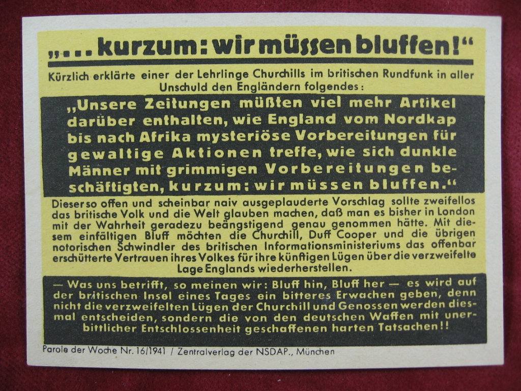   NS-Propagandazettel: Parole der Woche Nr. 16, 1941: .. kurzum: wir müssen bluffen! 