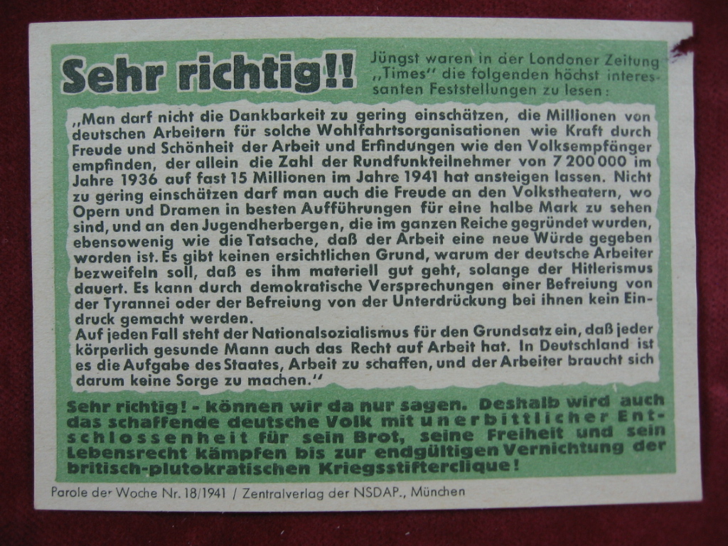   NS-Propagandazettel: Parole der Woche Nr. 18, 1941: Sehr richtig! 