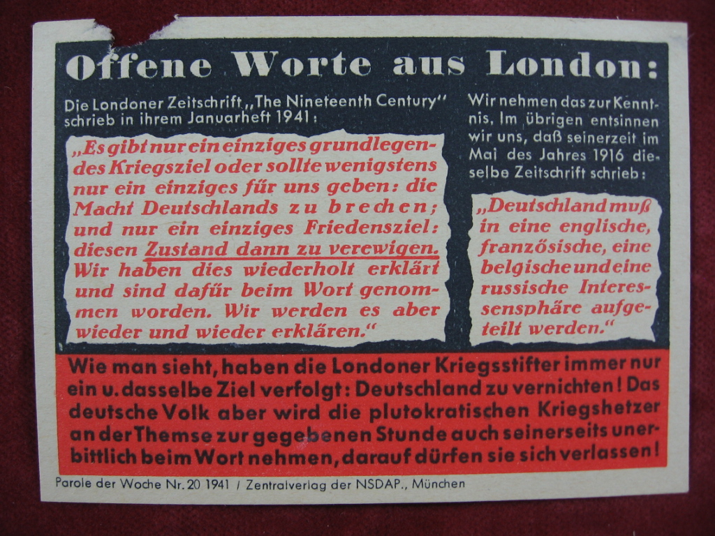   NS-Propagandazettel: Parole der Woche Nr. 20, 1941: Offene Worte aus London. 
