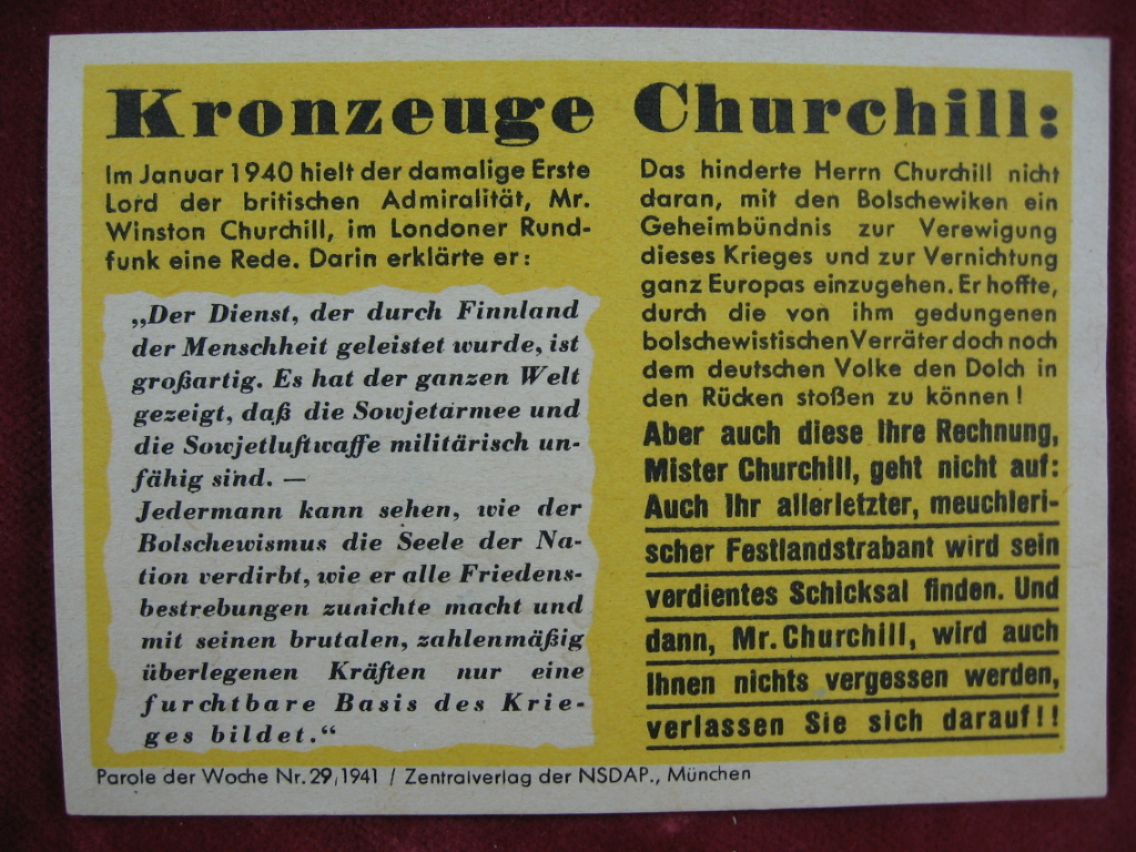   NS-Propagandazettel: Parole der Woche Nr. 29, 1941: Kronzeuge Churchill. 