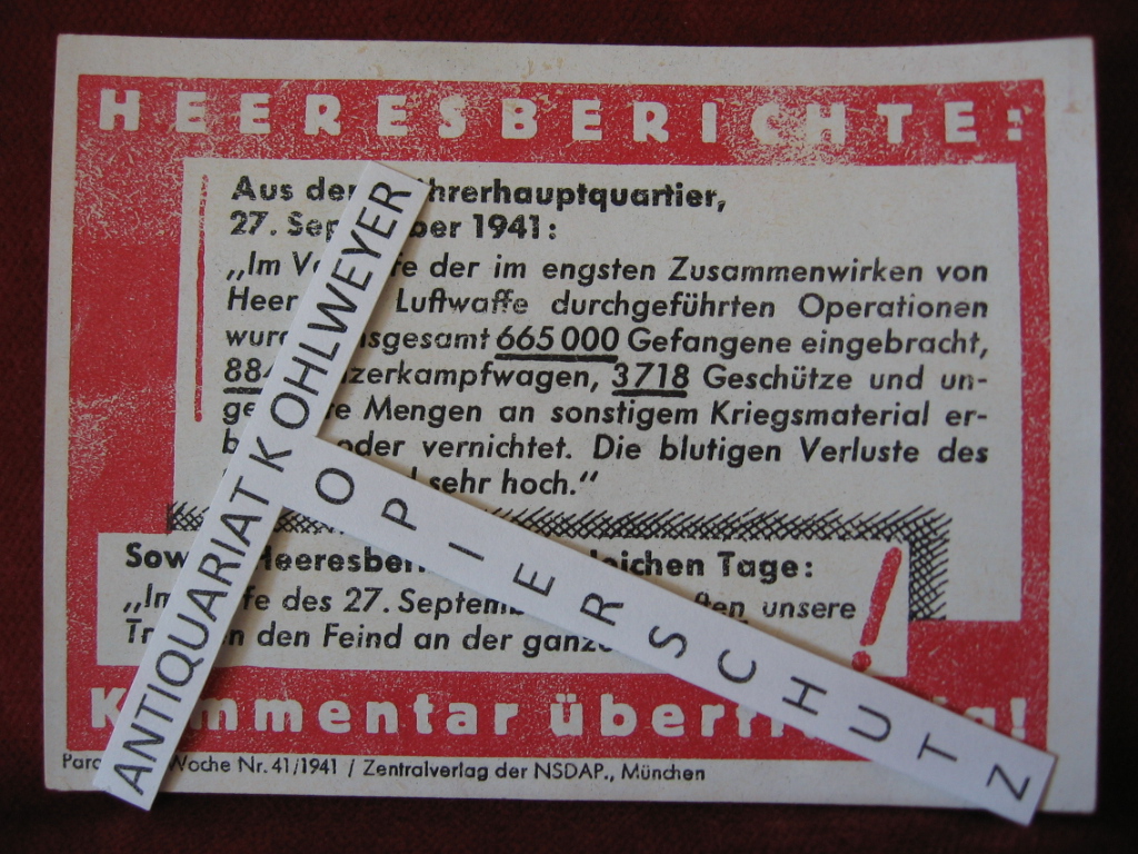   NS-Propagandazettel: Parole der Woche Nr. 41, 1941: Heeresberichte: Aus dem Führerhauoptquartier, 27. September 1941. 