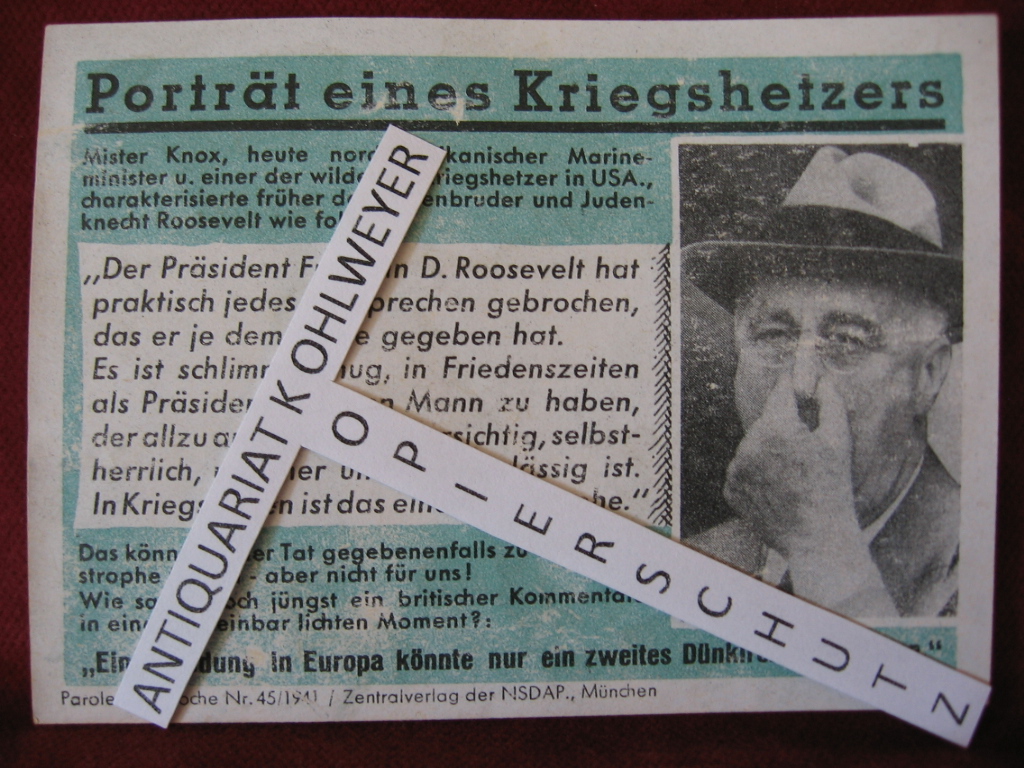   NS-Propagandazettel: Parole der Woche Nr. 45, 1941: Porträt eines Kriegshetzers. 