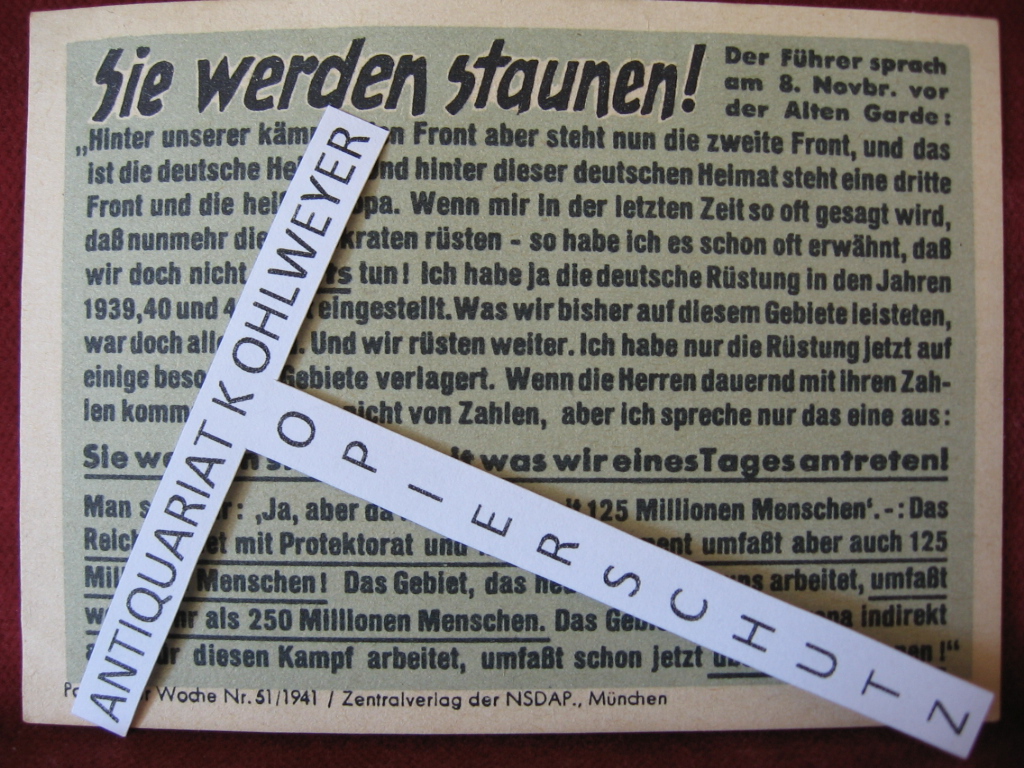   NS-Propagandazettel: Parole der Woche Nr. 51, 1941: Sie werden staunen! Der Führer sprach am 8. Novbr. Vor der Alten Garde: .. 