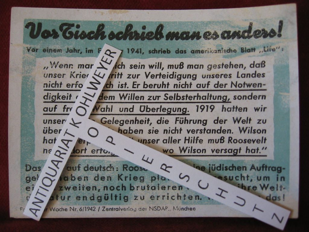   NS-Propagandazettel: Parole der Woche Nr. 6, 1942: Vor Tisch schrieb man es anders! 