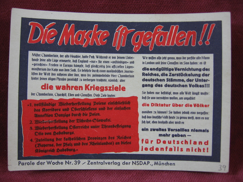   NS-Propagandazettel: Parole der Woche Nr. 39, (1939): Die Maske ist gefallen!! 